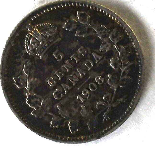 1908 Canada 5c Five Cents Silver Coin Half Dime KM# 13