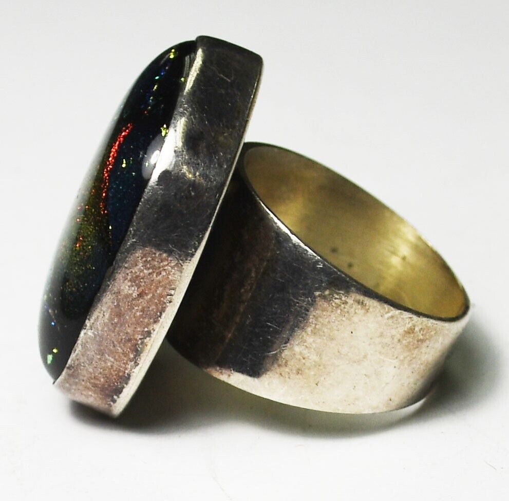 Sterling Silver Mexico Yellow Red Glass Ring 25mm Size 7