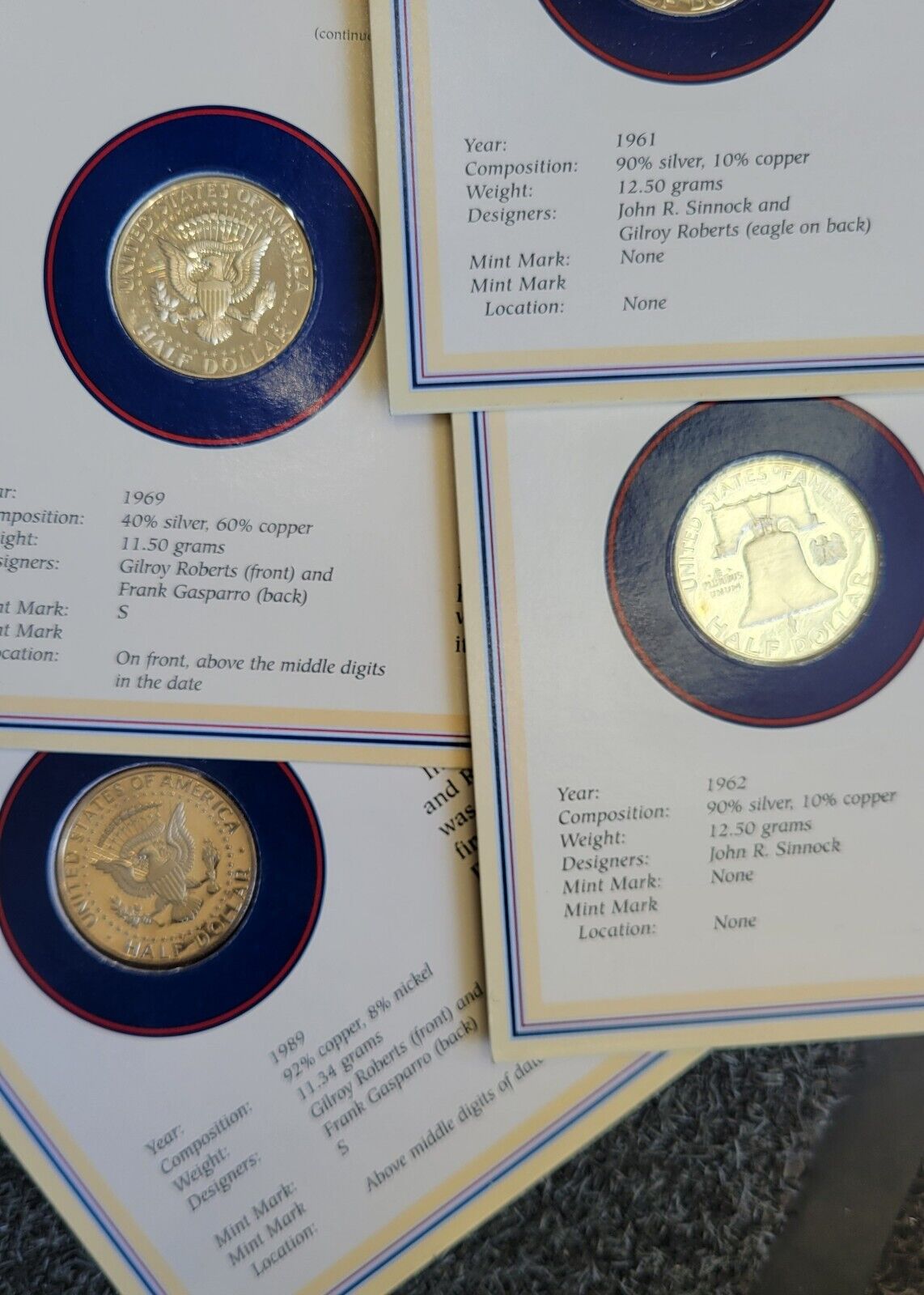 17pc. Set Of Kennedy & Franklin Half Dollar Coin & Stamp Carded Collection