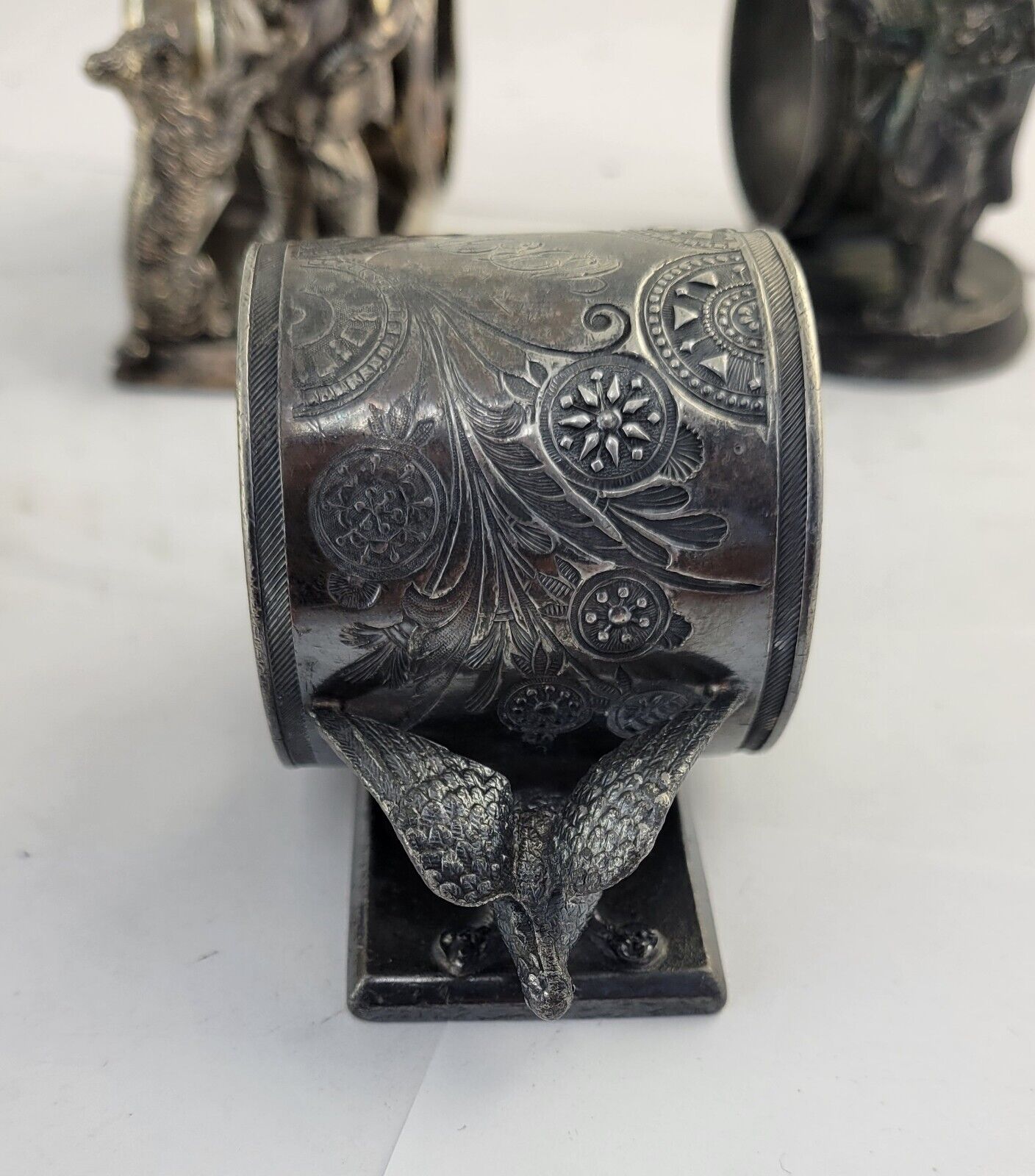 4 Victorian Figural Silver Plate Napkin Ring Holders Eagle. Boy Dog, Girl Child