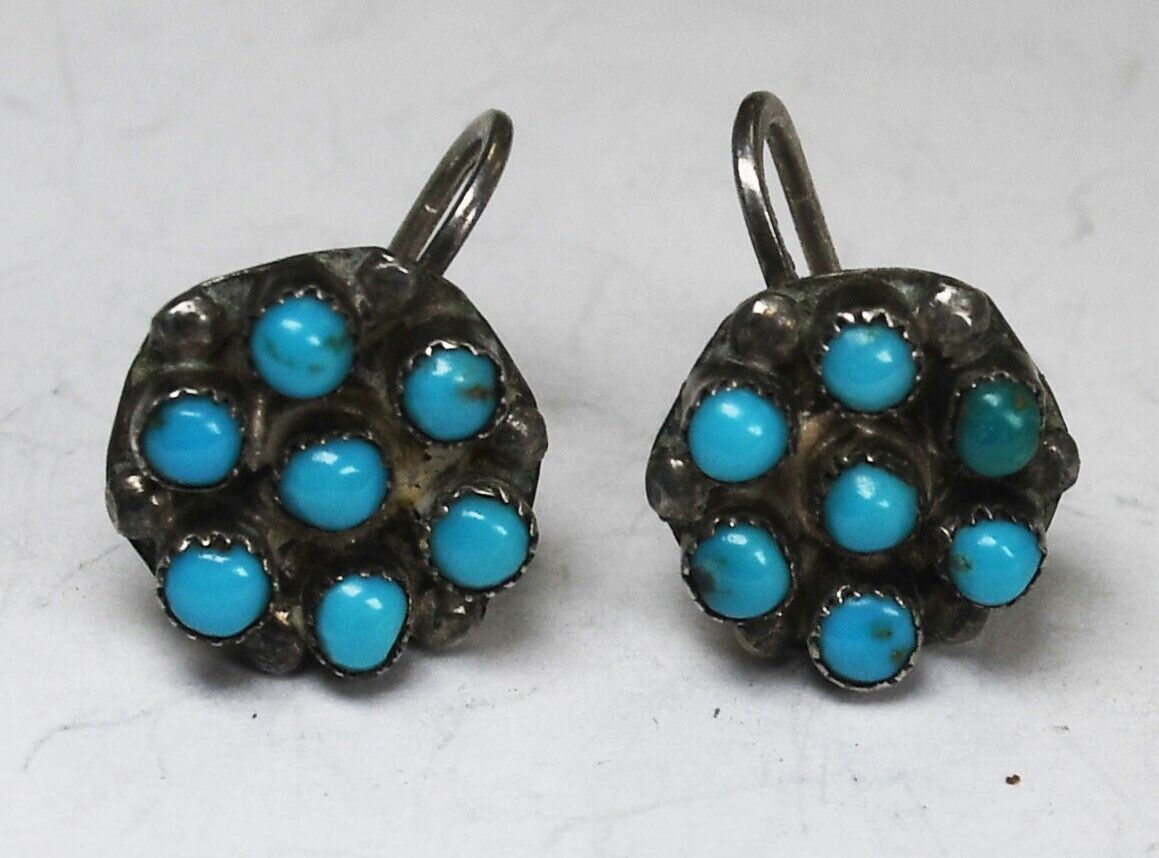 Sterling Vintage Turquoise Cluster Screw Clip On Earrings 12mm