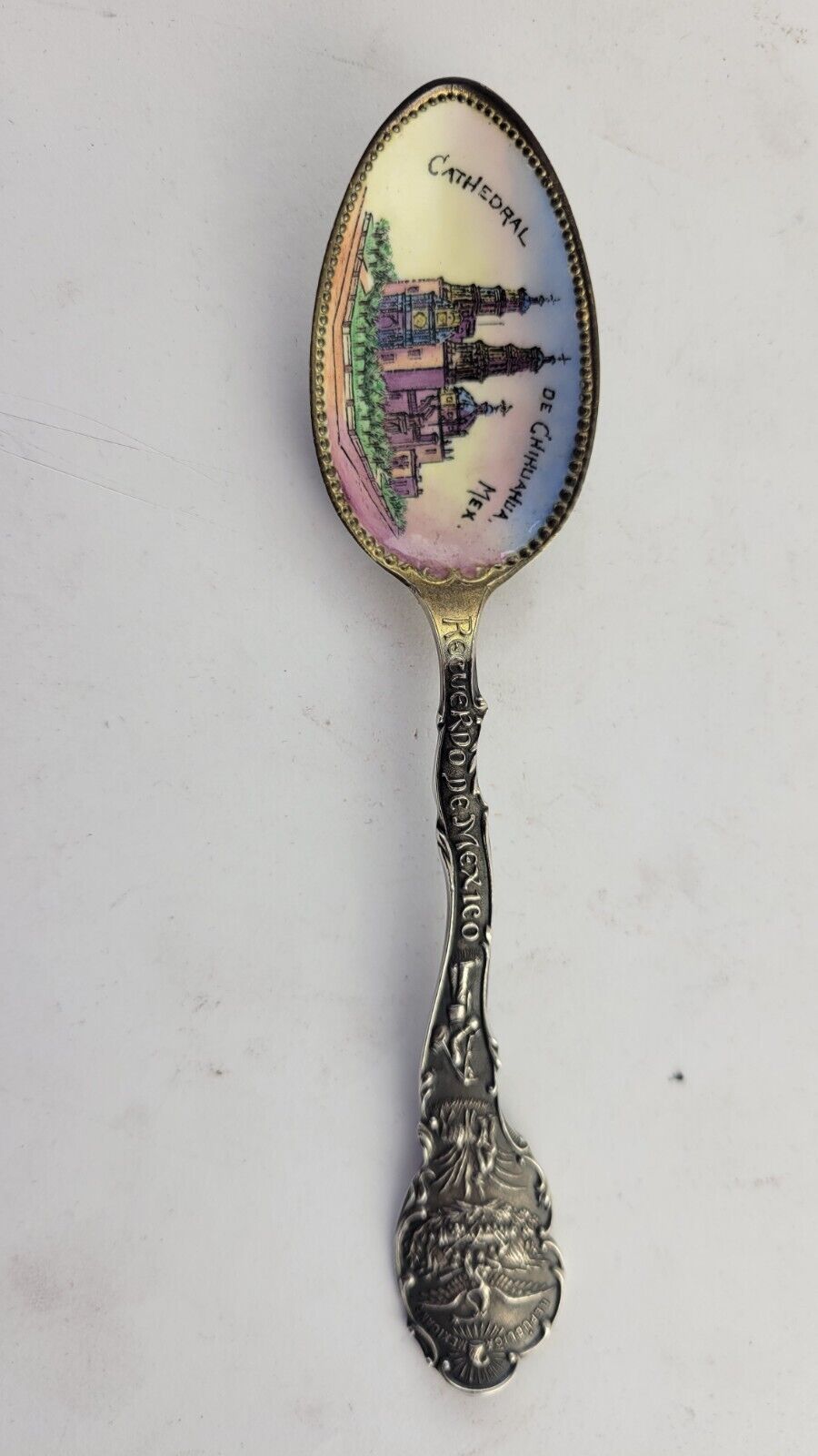Cathedral de Chihuahua Mexico 5 5/8" Sterlling Enameled Souvenir Spoon .96oz.