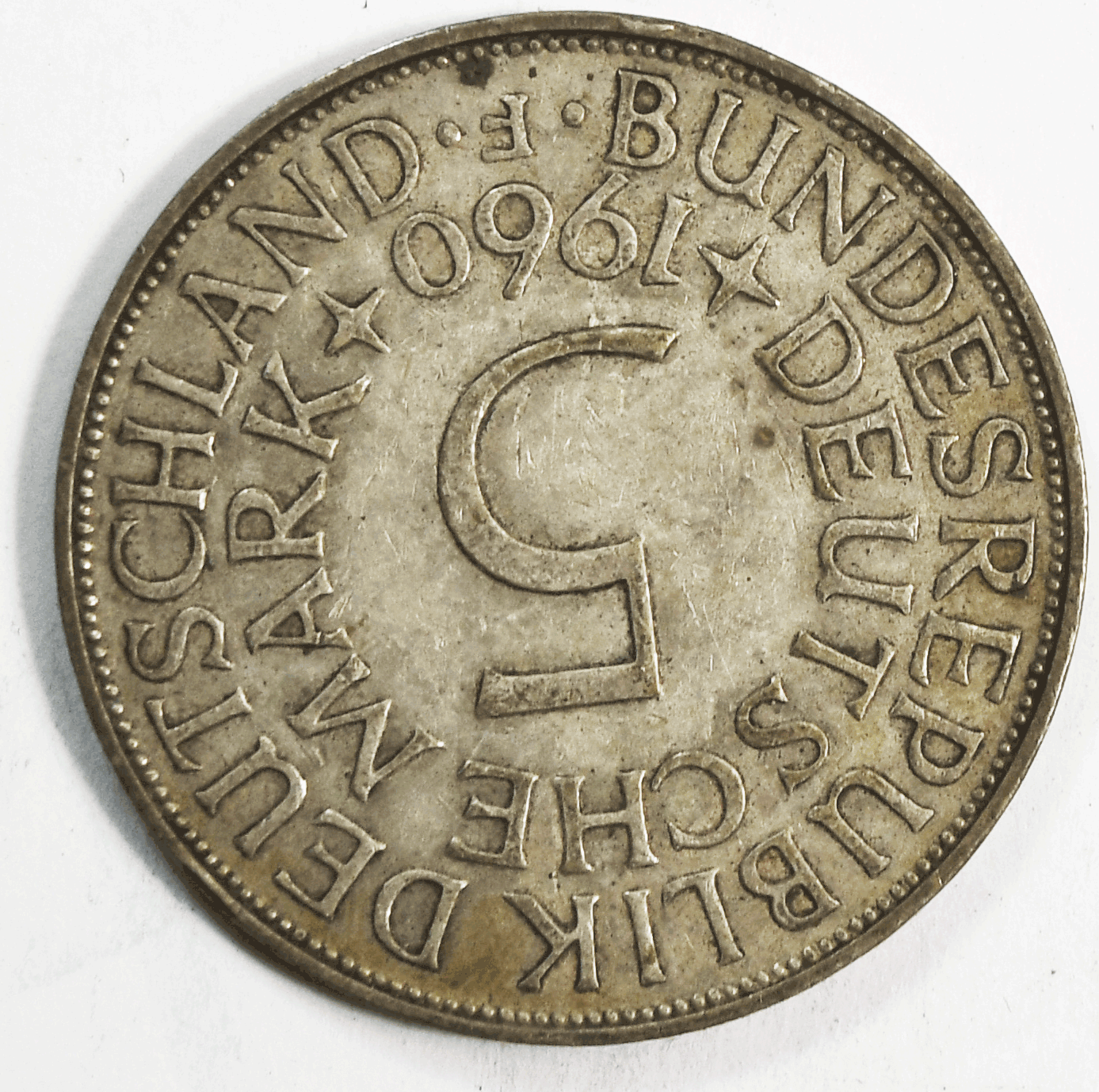 1960 F Germany Federal Republic 5 Five Marks Silver Coin KM# 112.1