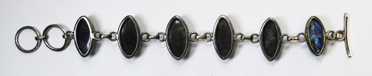 Sterling Silver Ellipse Labradorite Toggle Hammered Bracelet 24mm 7-3/4"