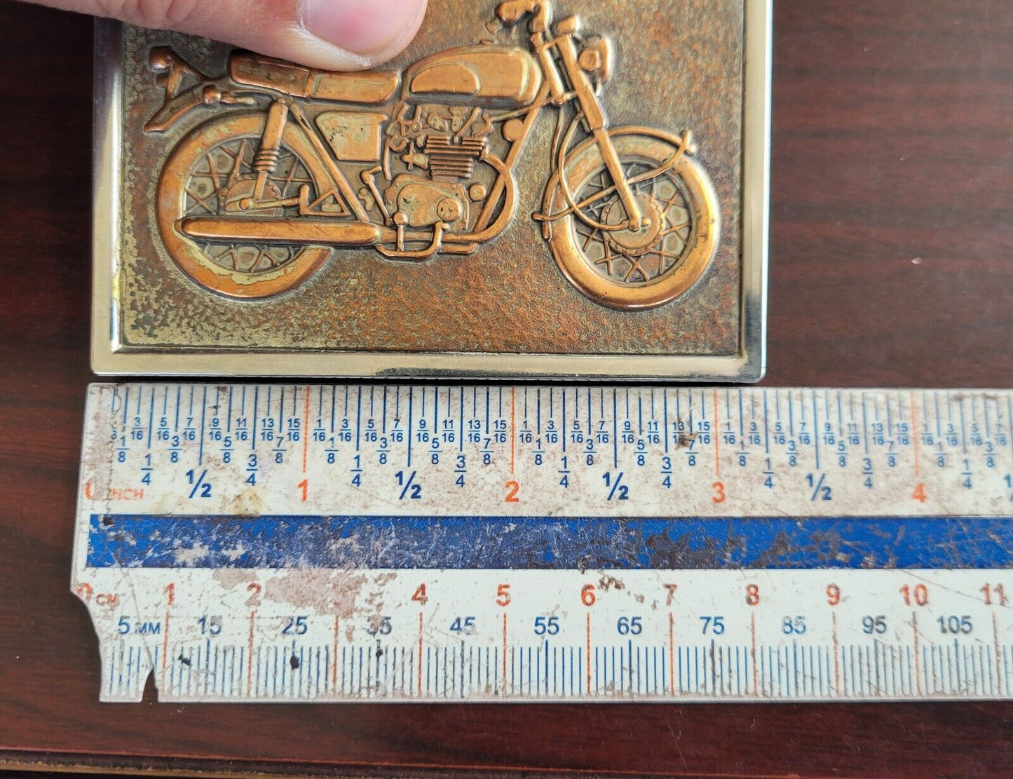 Vintage Motorcycle Belt Buckle Copper Inserted In Stainless Steel 3 1/4"x 2 1/4"