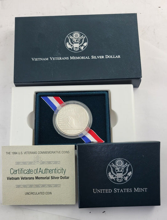 1994 W Vietnam Veterans Memorial BU Commemorative Silver Dollar US Coin Boxed