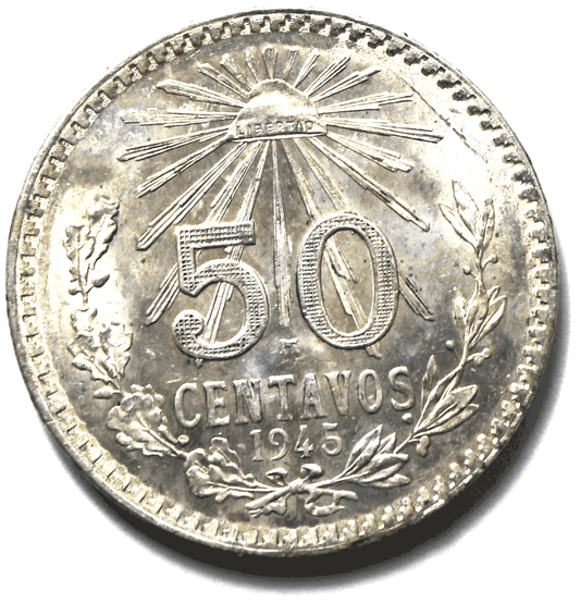 1945 Mexico Estados Unidos Mexicanos Fifty Centavos 50c Silver Coin KM#447 Unc