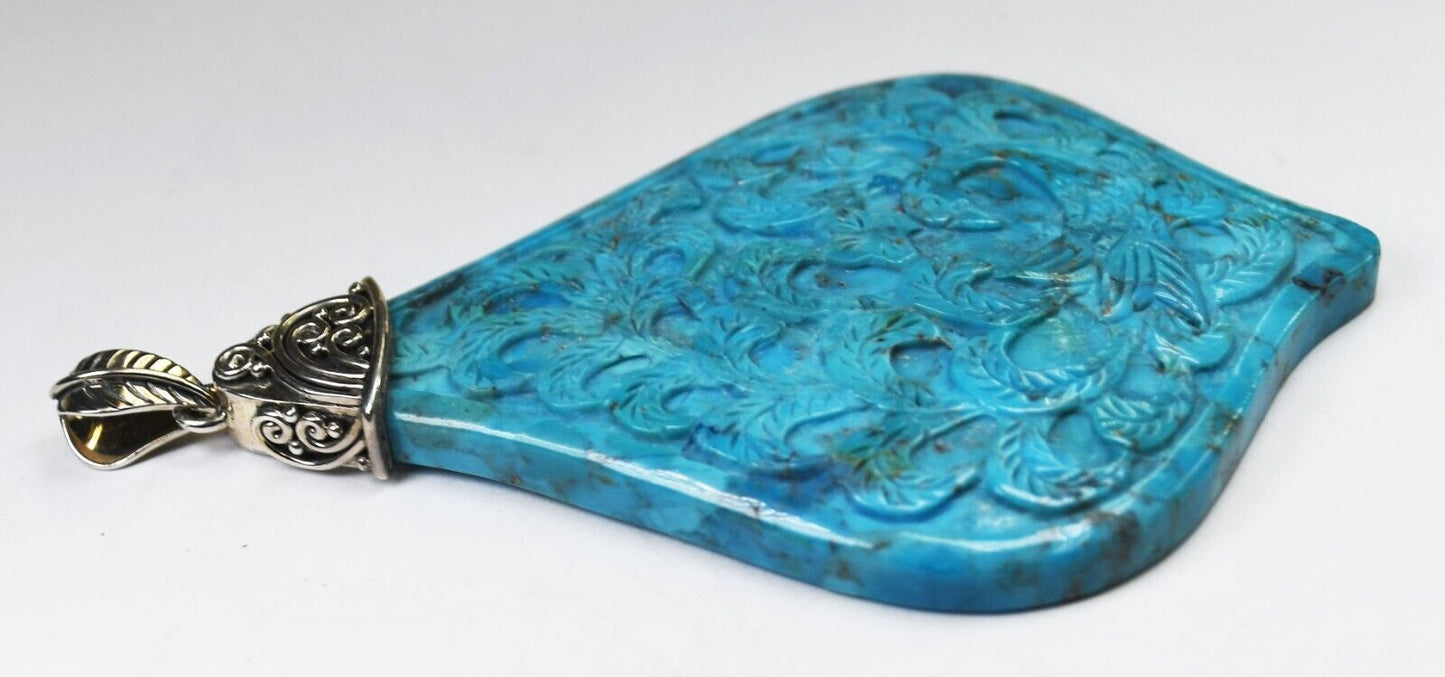 Sterling Silver Sajen Compressed Turquoise Peacock Large Pendant 3-3/4" x 55mm