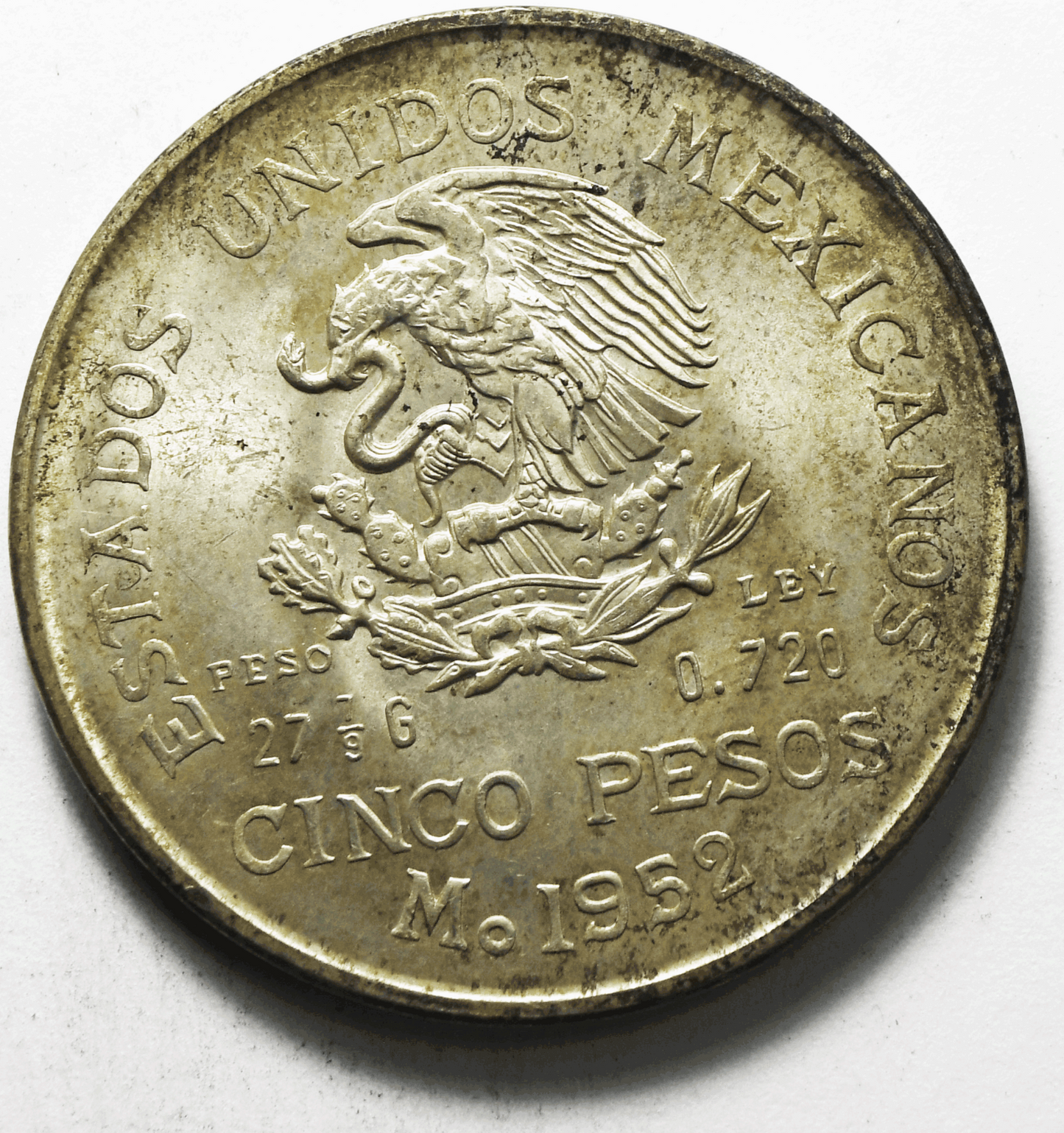 1952 Mexico Estados Unidos Mexicanos Five 5 Pesos Silver Coin KM# 467