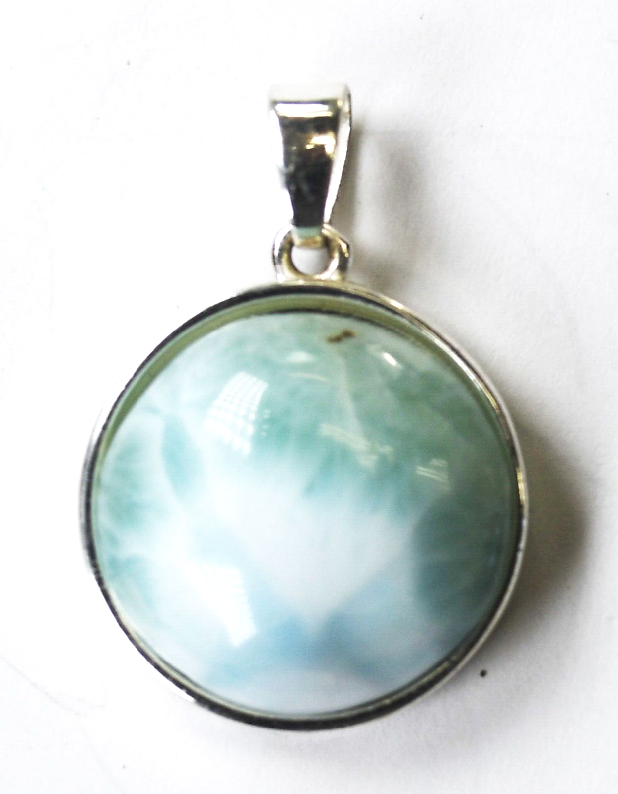 Silver Plated Larimar Round Reversible Prayer Pendant 30mm x 22mm