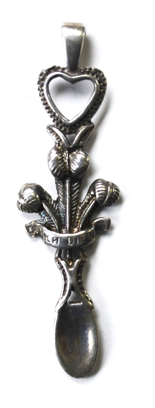 Sterling Silver Ich Dien Prince of Wales Spoon Pendant 59mm x 17mm