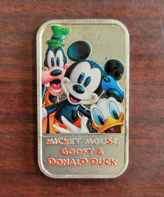 1994 Disney Mickey Mouse, Donald Duck & Goofy 1oz .999 Fine Silver Enameled Bar!
