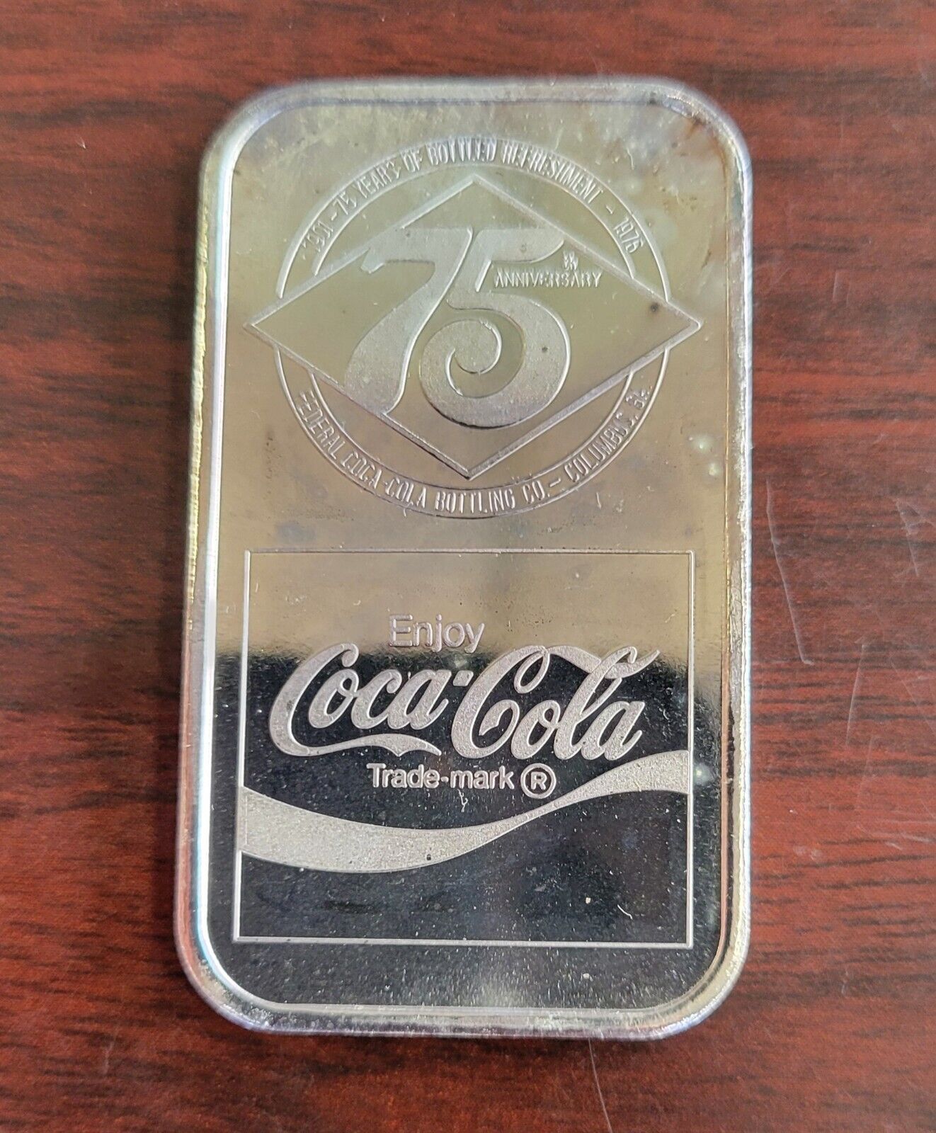 1976 Coca Cola 75th Anniversary Columbus Georgia .999 Fine Silver Art Bar 1oz.