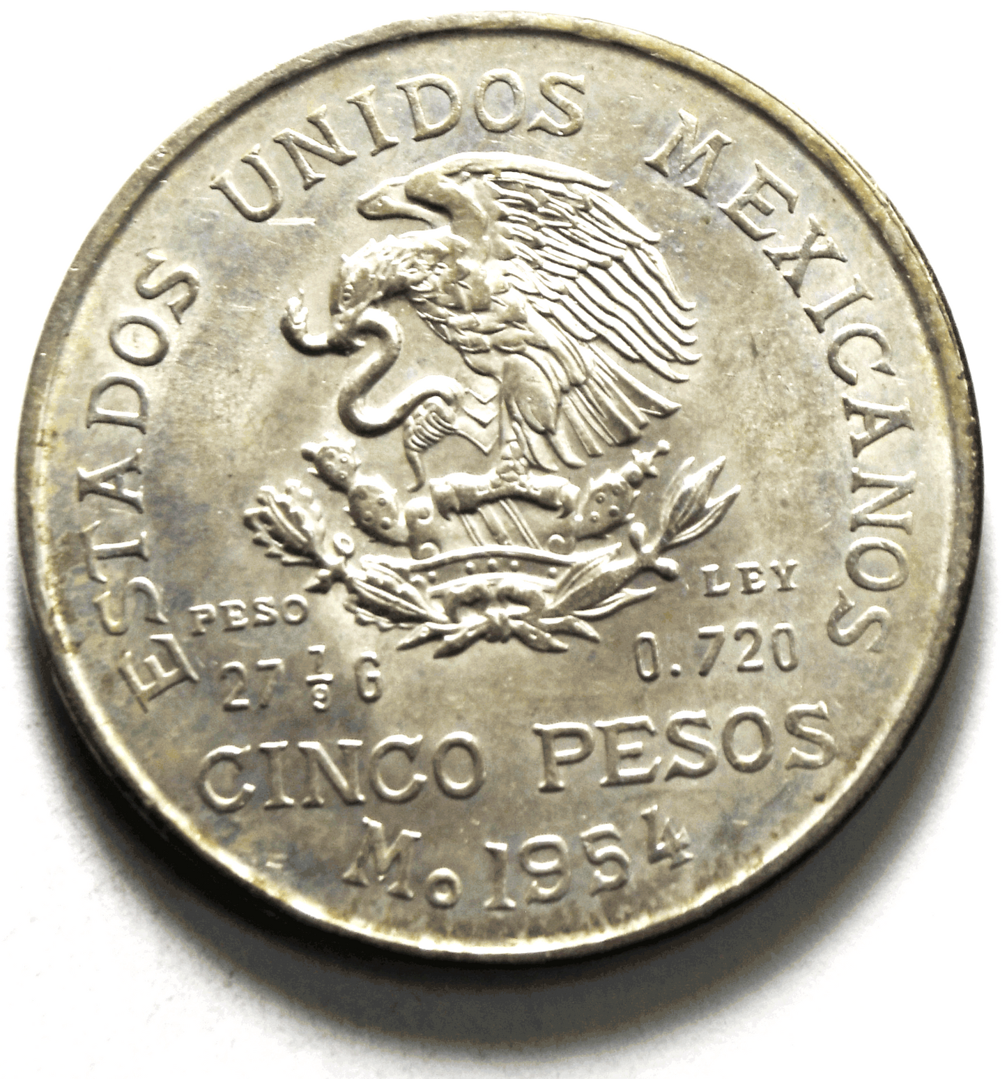 1954 Mexico Estados Unidos Mexicanos Five 5 Pesos Silver Coin AU Low Mintage
