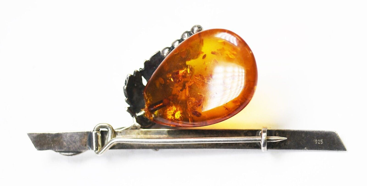 Sterling Silver Grape Vine Amber Brooch Pin 56mm x 22mm