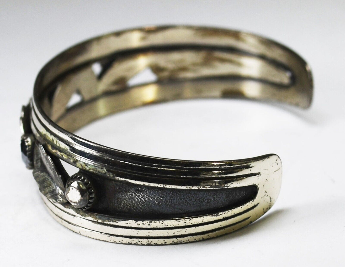 Sterling Silver Hematite Leaf Floral Cuff Bracelet 16mm 7" Wrist