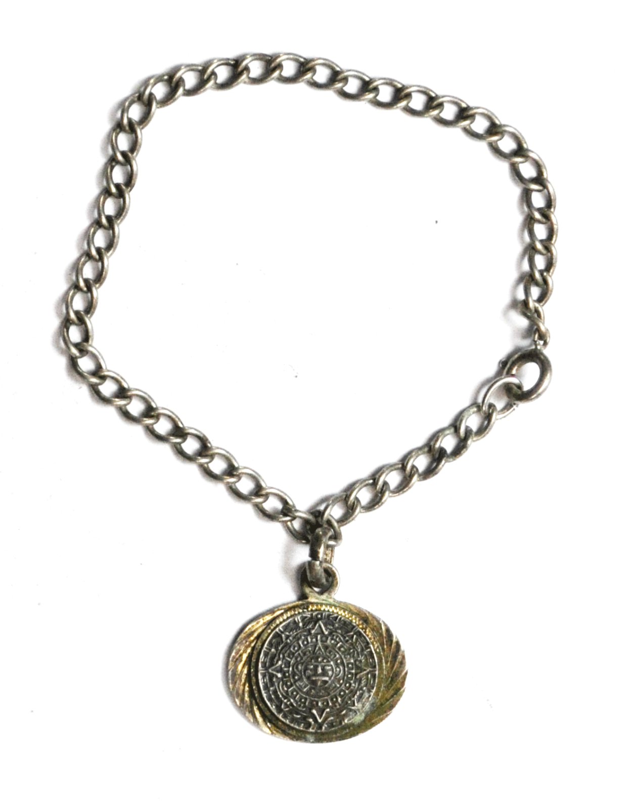 Sterling Silver Plafina Oval Mayan Aztec Calendar 22mm Charm Bracelet 7'"