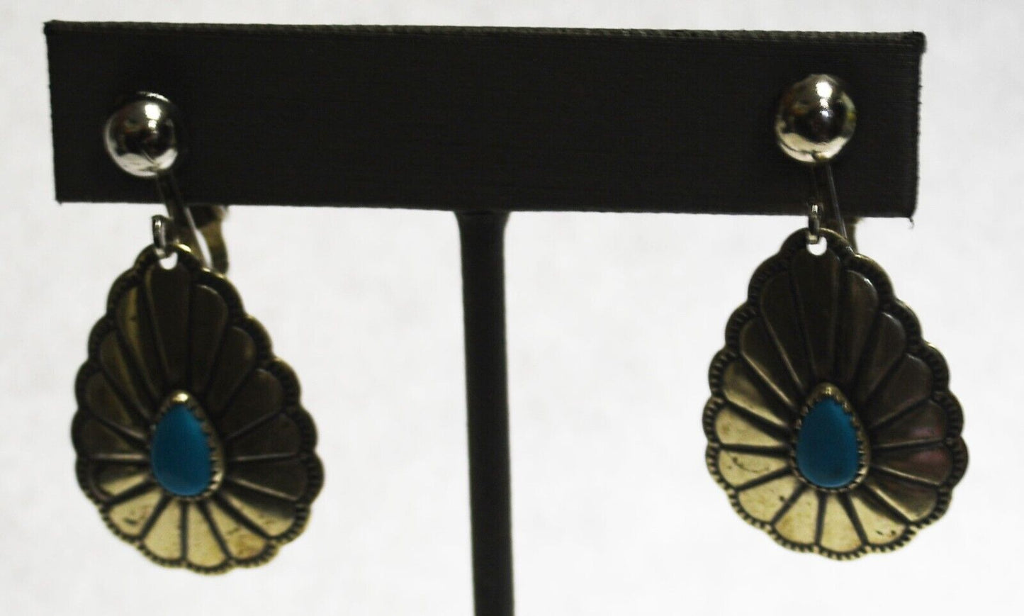 Sterling Silver Wheeler Turquoise Teardrop Concho Clip On Earrings 39mm x 20mm