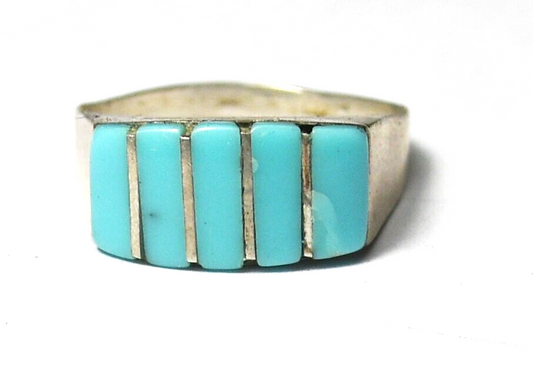 Sterling Silver Hollow Turquoise Inlay Stripe Ring 7mm Size 7.5