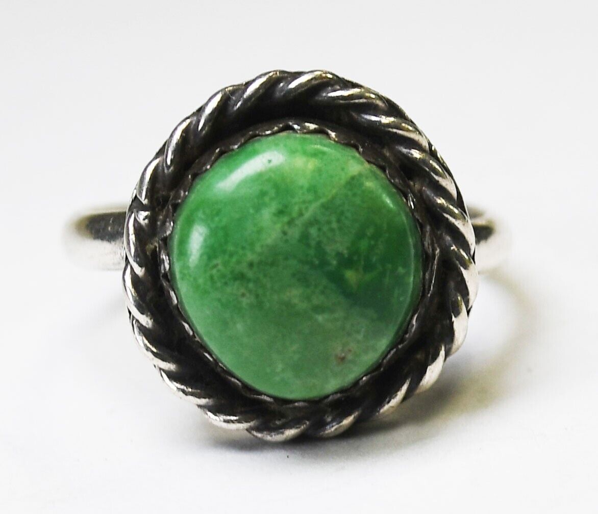 Sterling Silver Antique Round Green Turquoise Solitaire Ring 15mm Size 6.5