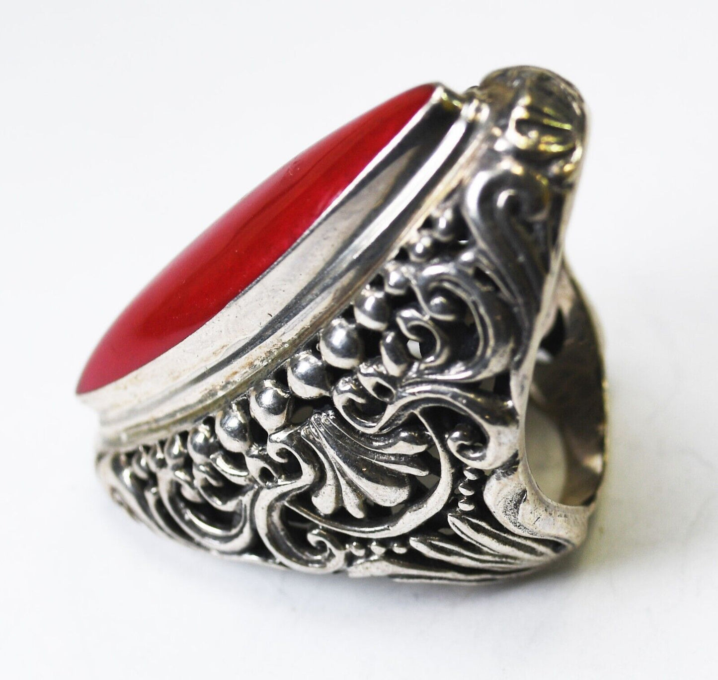 Sterling Silver Signed G Large Red Jasper Bali Ring 47mm Size 9