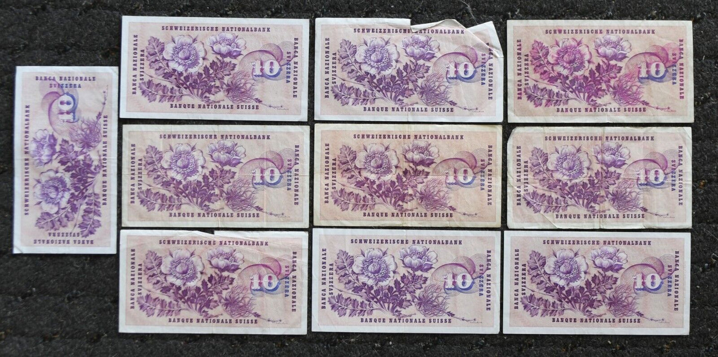 10 Switzerland 10 Ten Franken Banknotes 1955-1977