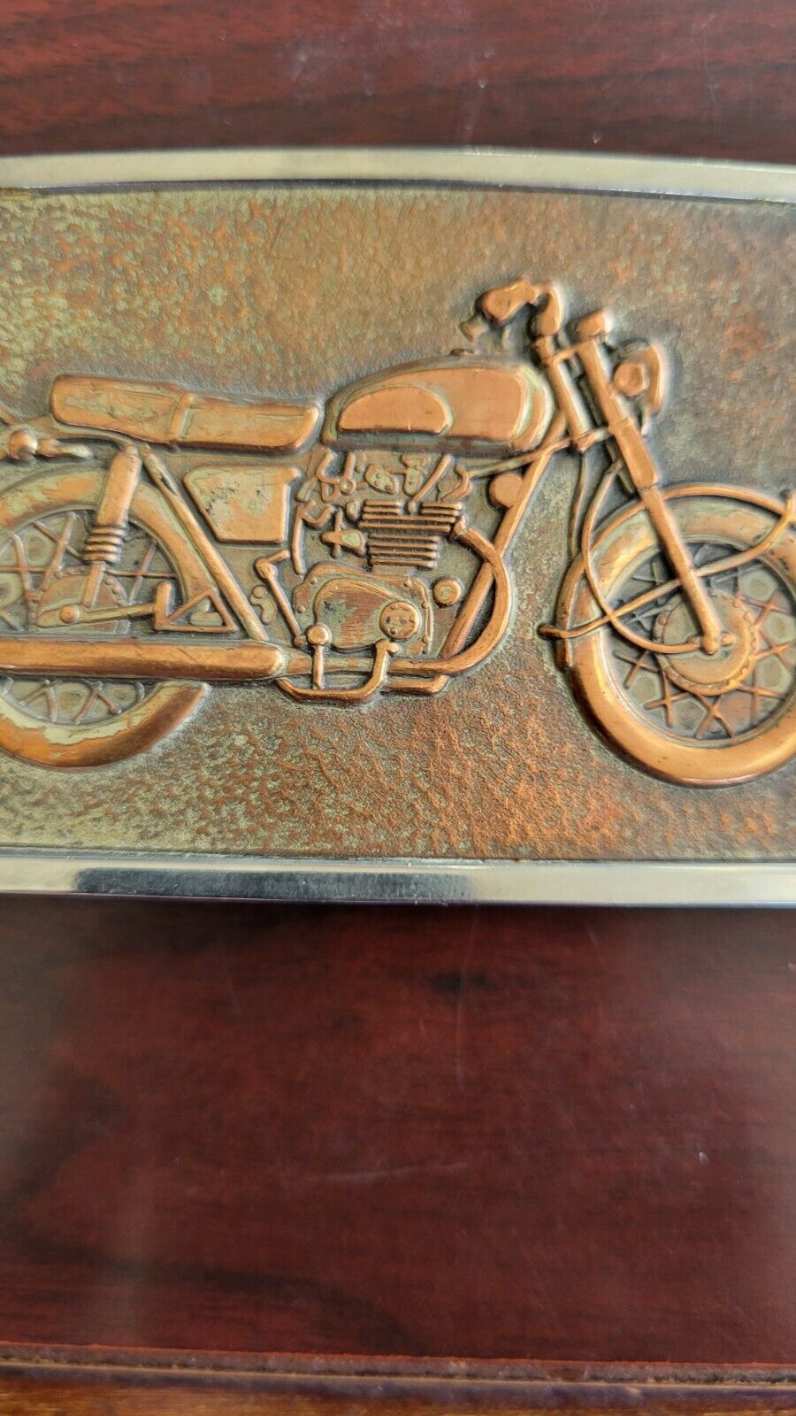 Vintage Motorcycle Belt Buckle Copper Inserted In Stainless Steel 3 1/4"x 2 1/4"
