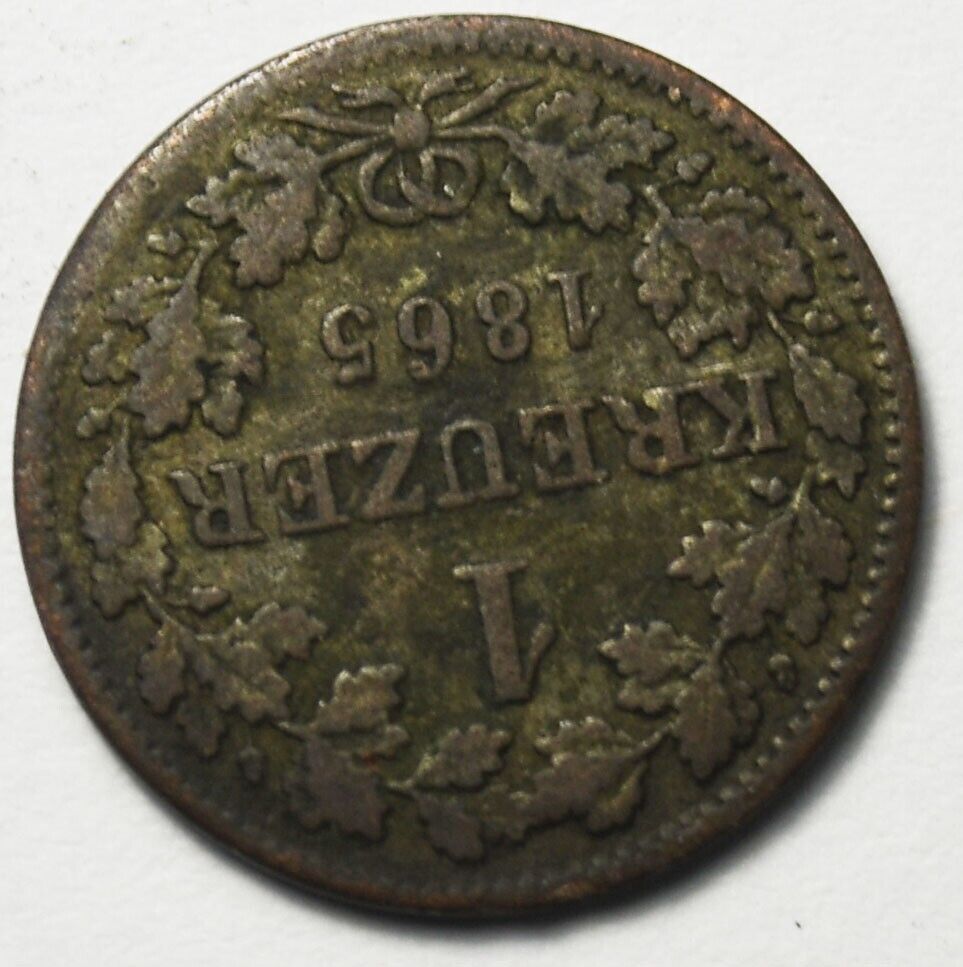 1865 German States One 1 Kreuzer KM# 873 Silver Coin