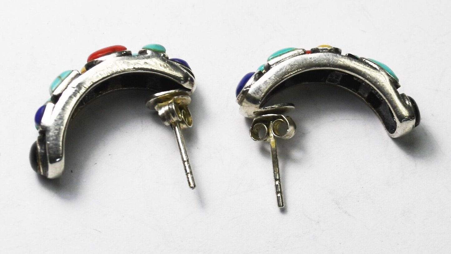 Sterling Silver Turquoise Coral Lapis Half Hoop Earrings 22mm x 9mm