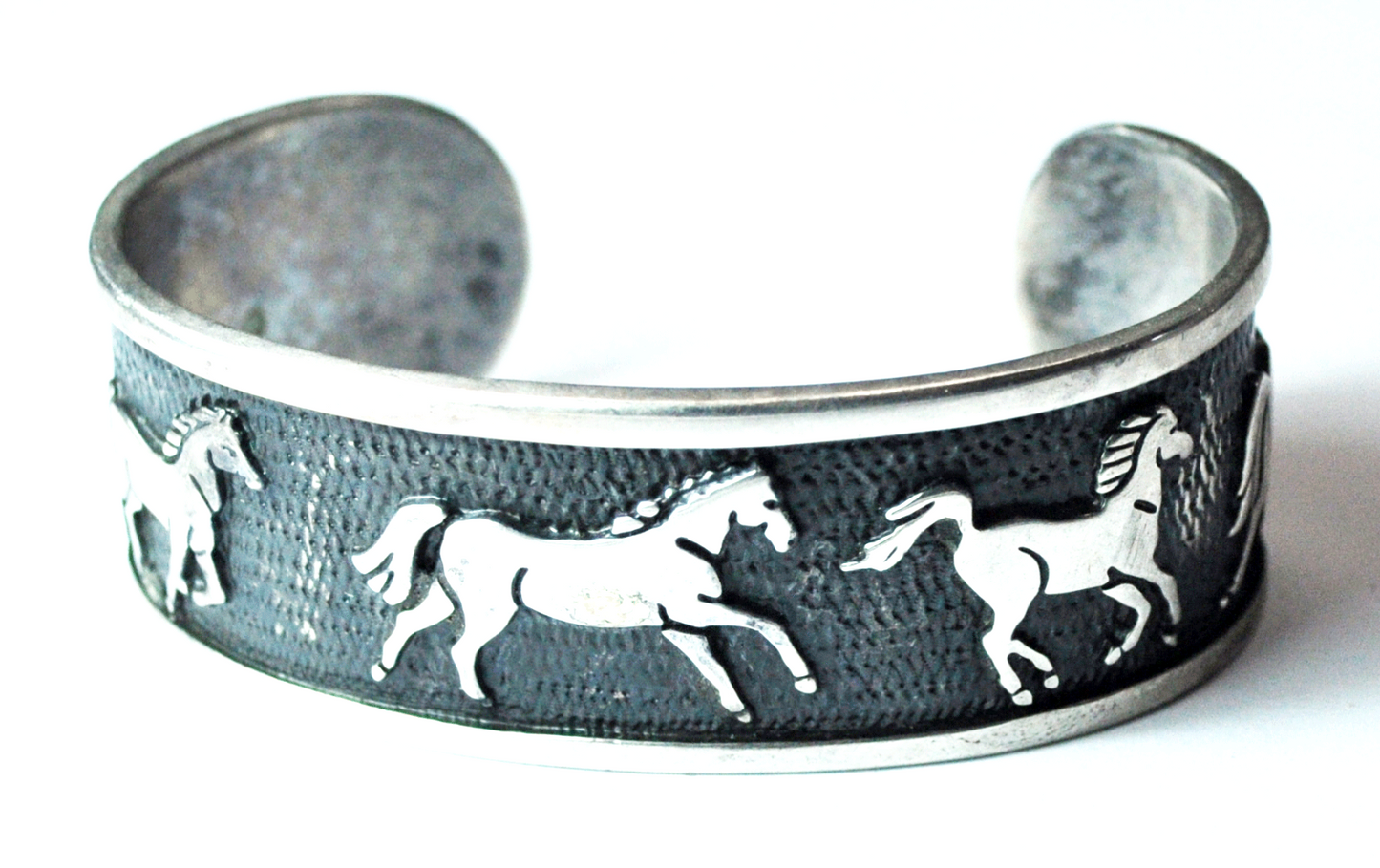 Sterling Silver Five Running Embossed Horse Cuff Bracelet 23mm 7" Wrist
