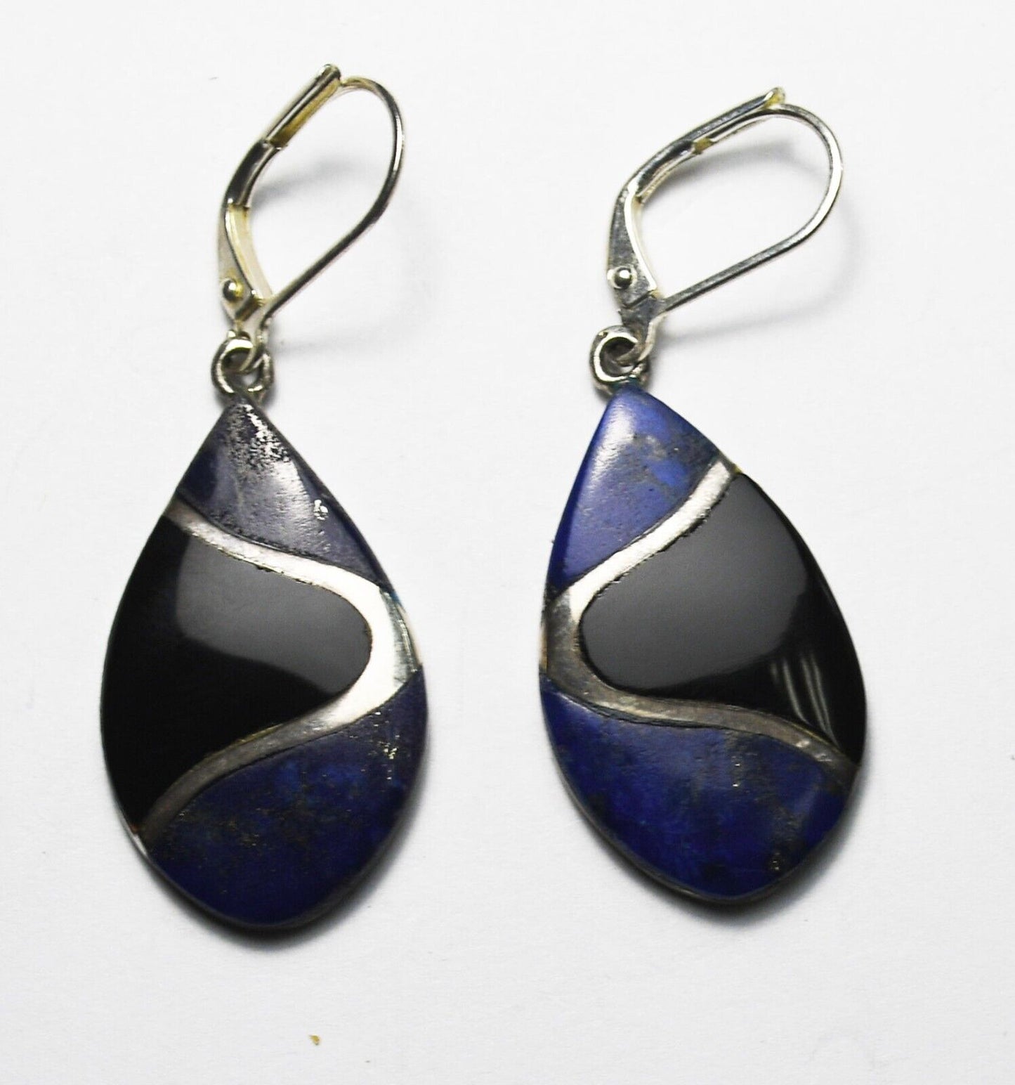 Sterling Silver Lapis Onyx Inlay Teardrop Dangle 43mm x 15mm