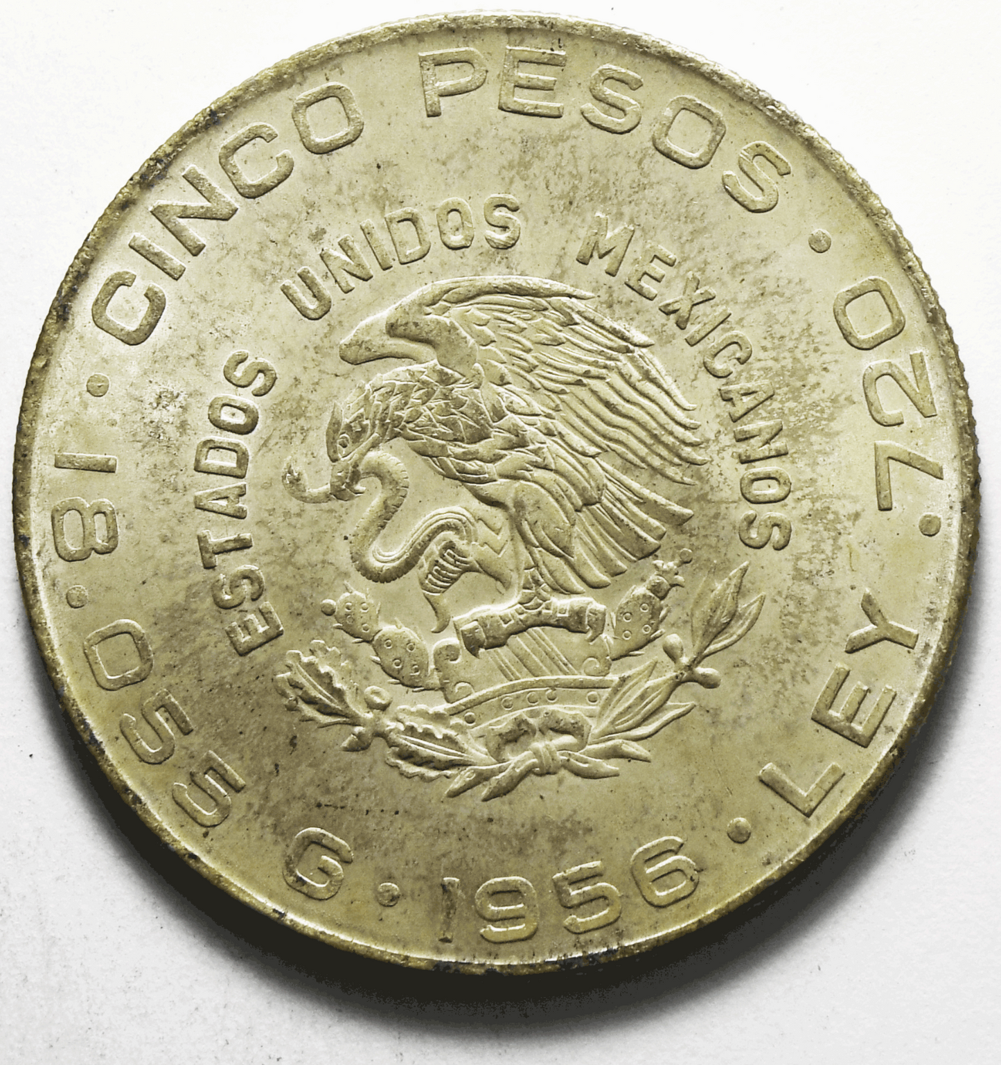 1956 Mexico Estados Unidos Mexicanos Five 5 Pesos Silver Coin KM#469
