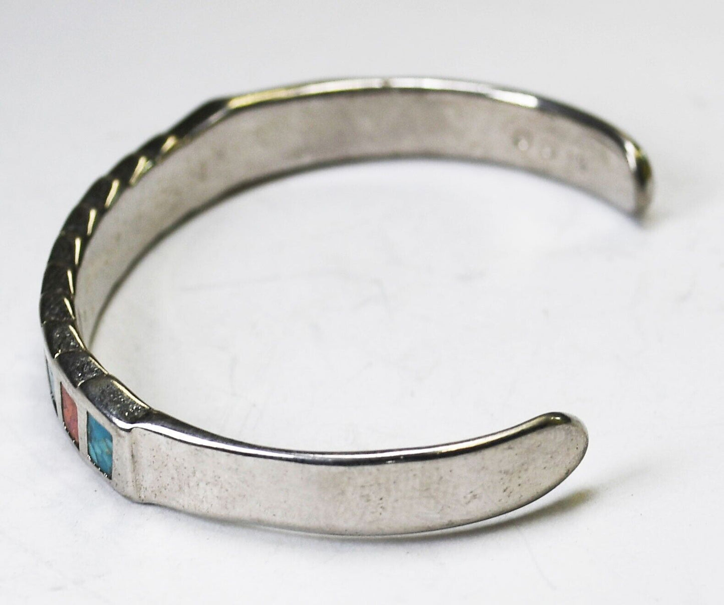 Silver Tone Child's Cuff Turquoise Coral Chip Inlay Bracelet 7mm 5" Wrist