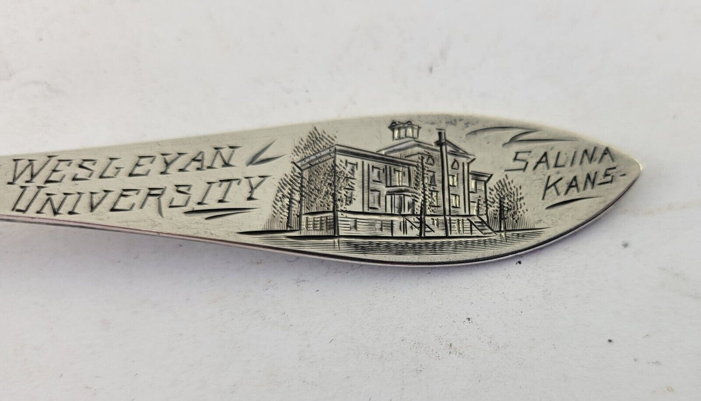 1915 Wesleyan University 5 5/8" Sterling Silver Souvenir Spoon Kansas .65oz