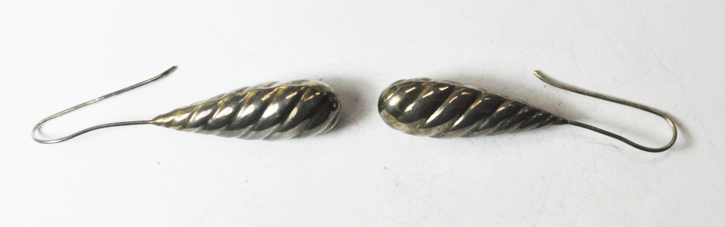 Sterling Silver Puffy Spiral Teardrop Hook Dangle Earrings 2.5" x 8mm