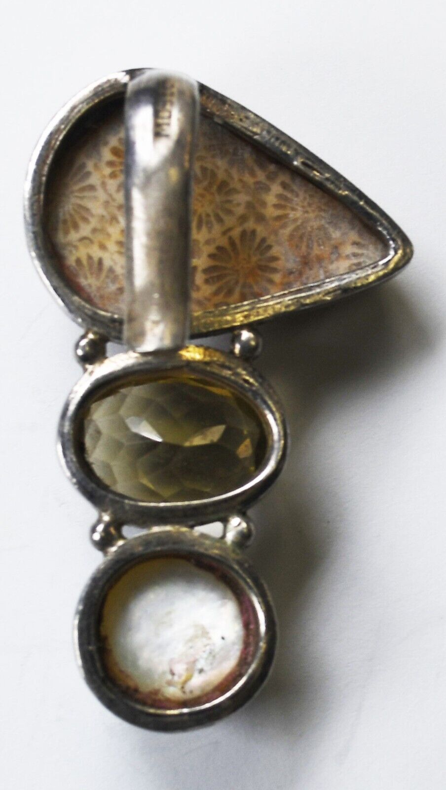 Sterling Agatized Coral Teardrop Citrine Pearl Clip 54mm x 32mm