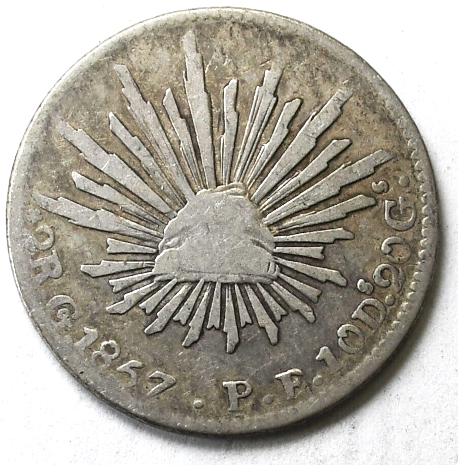 1857 Go PF Mexico First Republic Two Reales Silver Coin KM# 344