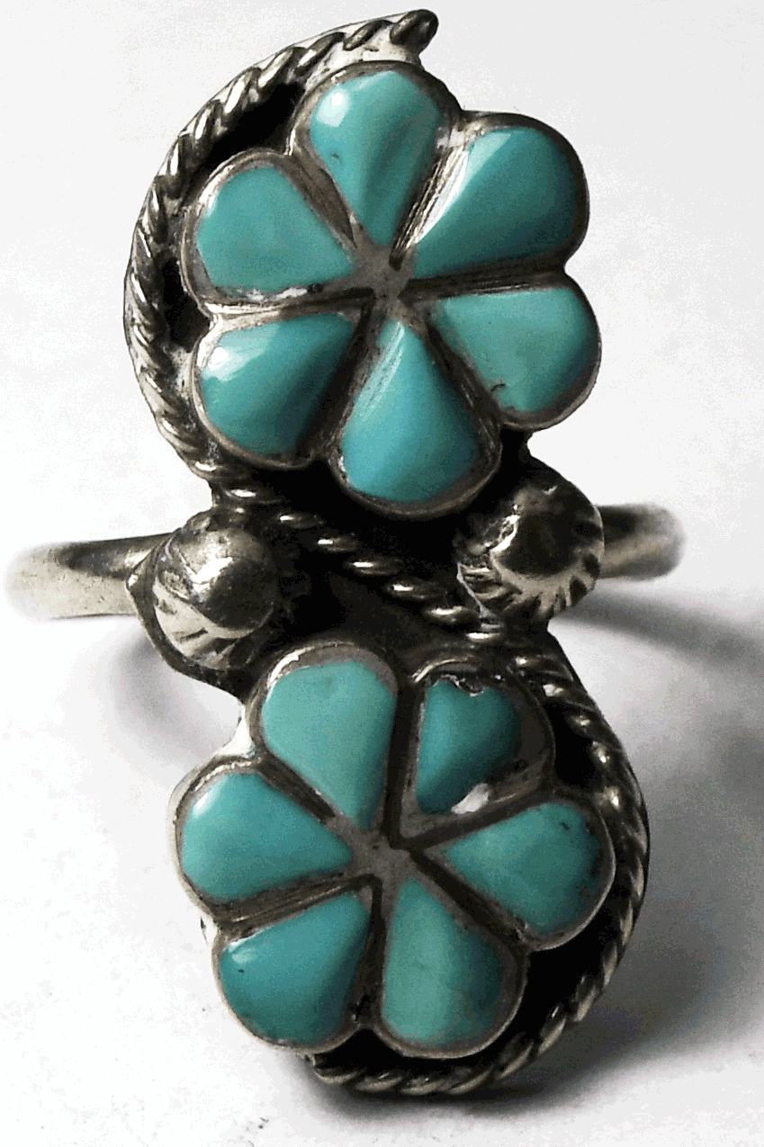 Sterling Silver Turquoise Cluster Petit Point Ring 27mm Size 5-3/4