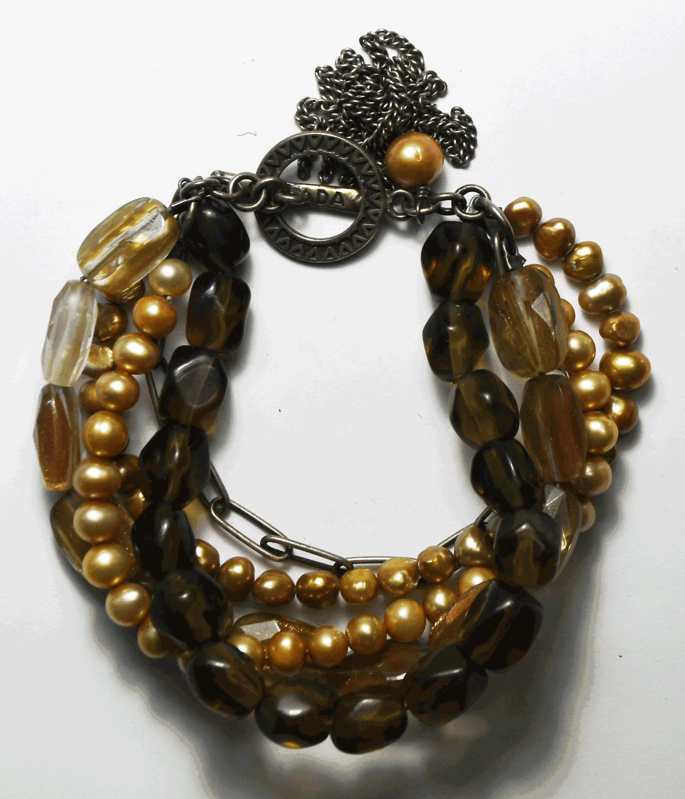 Silpada Sterling Pearl Smoky Quartz Sunstone 5 Strand Toggle 8" Bracelet B1412