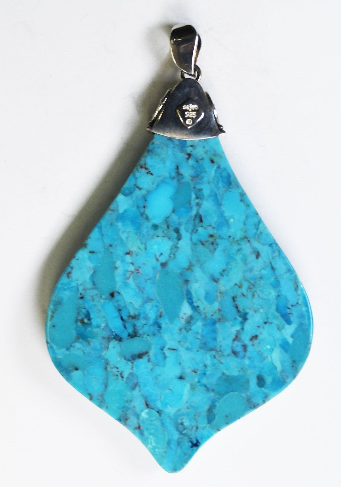 Sterling Silver Sajen Compressed Turquoise Peacock Large Pendant 3-3/4" x 55mm