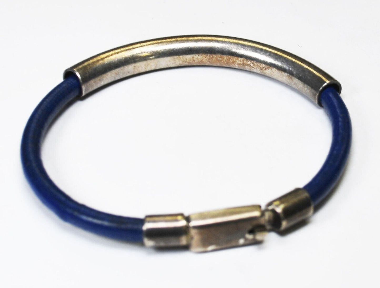 Sterling Silver Stripe Slider Blue Leather Bangle Bracelet 7mm 7" Wrist