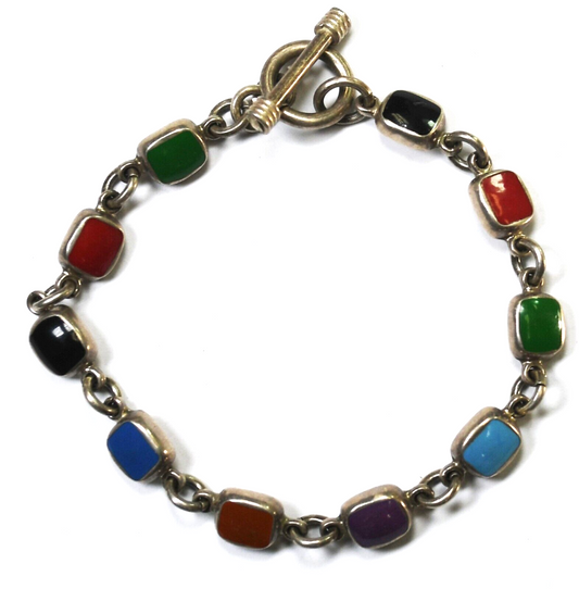 Sterling Silver Mexico Multi Stone Toggle Bracelet 7mm 7-3/4"