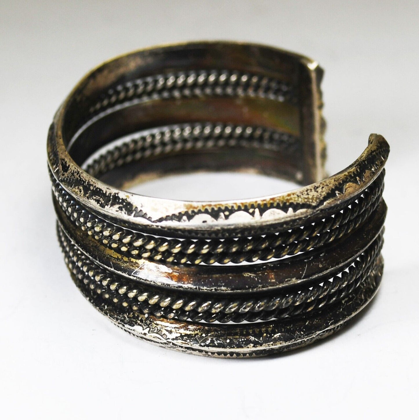 Sterling Vintage Tahe Signed 7 Part Etched Rays Cuff 22mm Bracelet 6.5" Wrist
