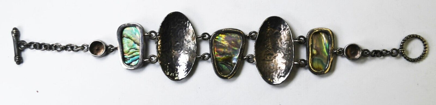 Sterling Silver CFJ Abalone Hammered Chain Toggle Bracelet 16mm  7"