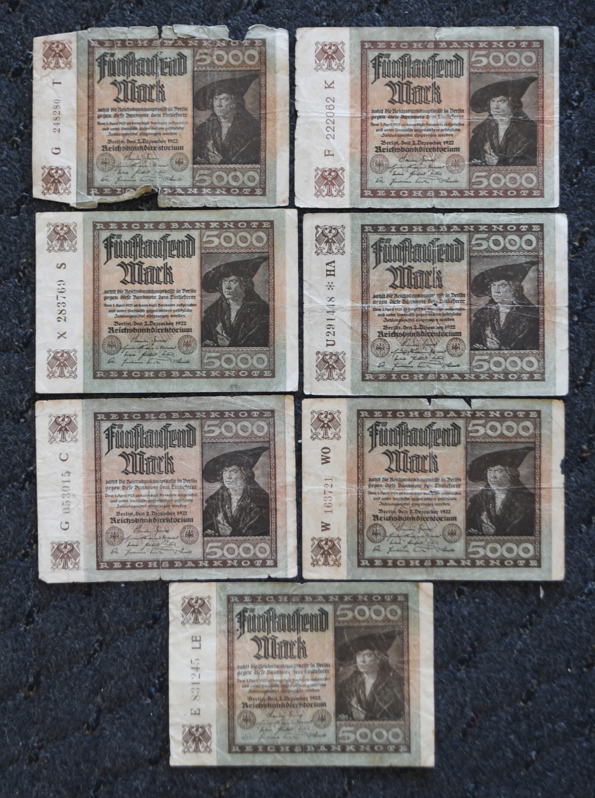 7- 1922 Germany 5,000 Five Thousand Mark Reichsbanknotes 4th Issue