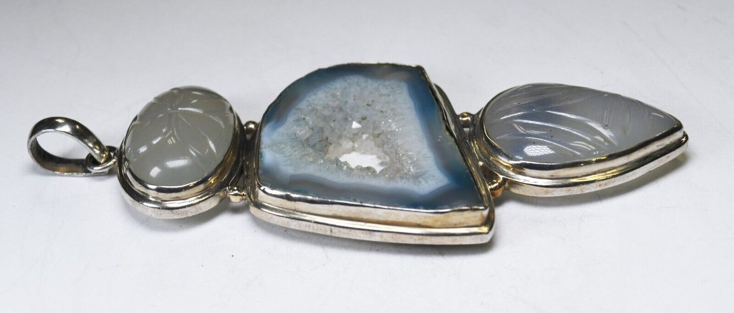 Sterling Silver Large Drusy Quartz Etched Stones Pendant 4" x 43mm