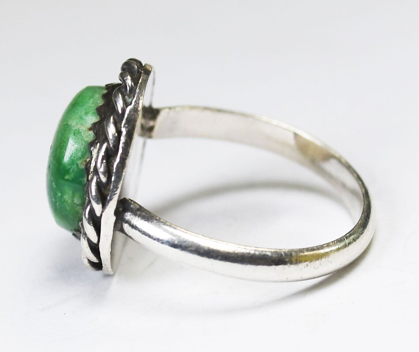Sterling Silver Antique Round Green Turquoise Solitaire Ring 15mm Size 6.5