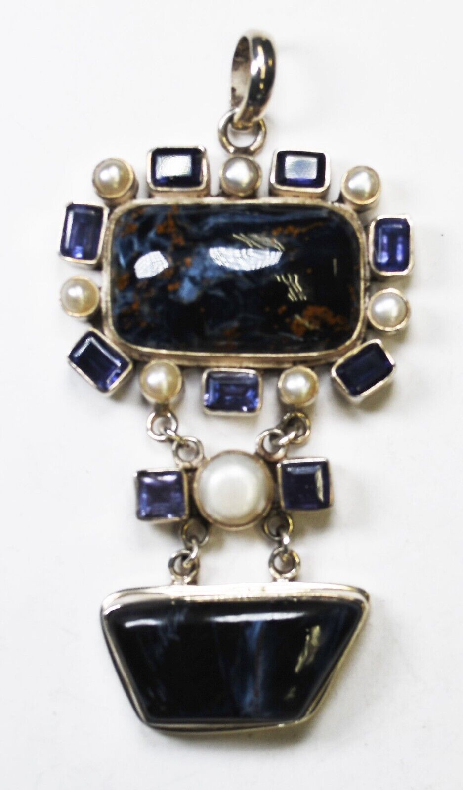 Sterling Silver Blue Tiger's Eye Amethyst Pendant 3.5" x 46mm