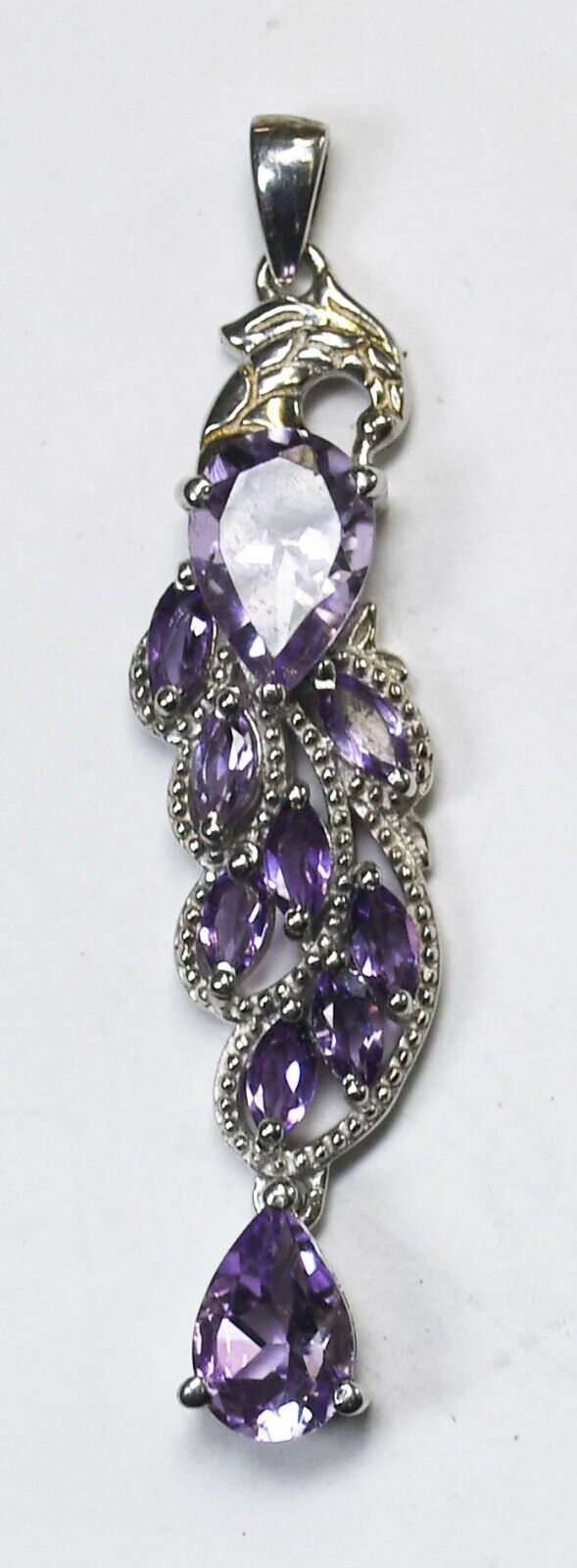 Sterling Silver Amethyst Dangle Floral Leaf Pendant 49mm x 10mm