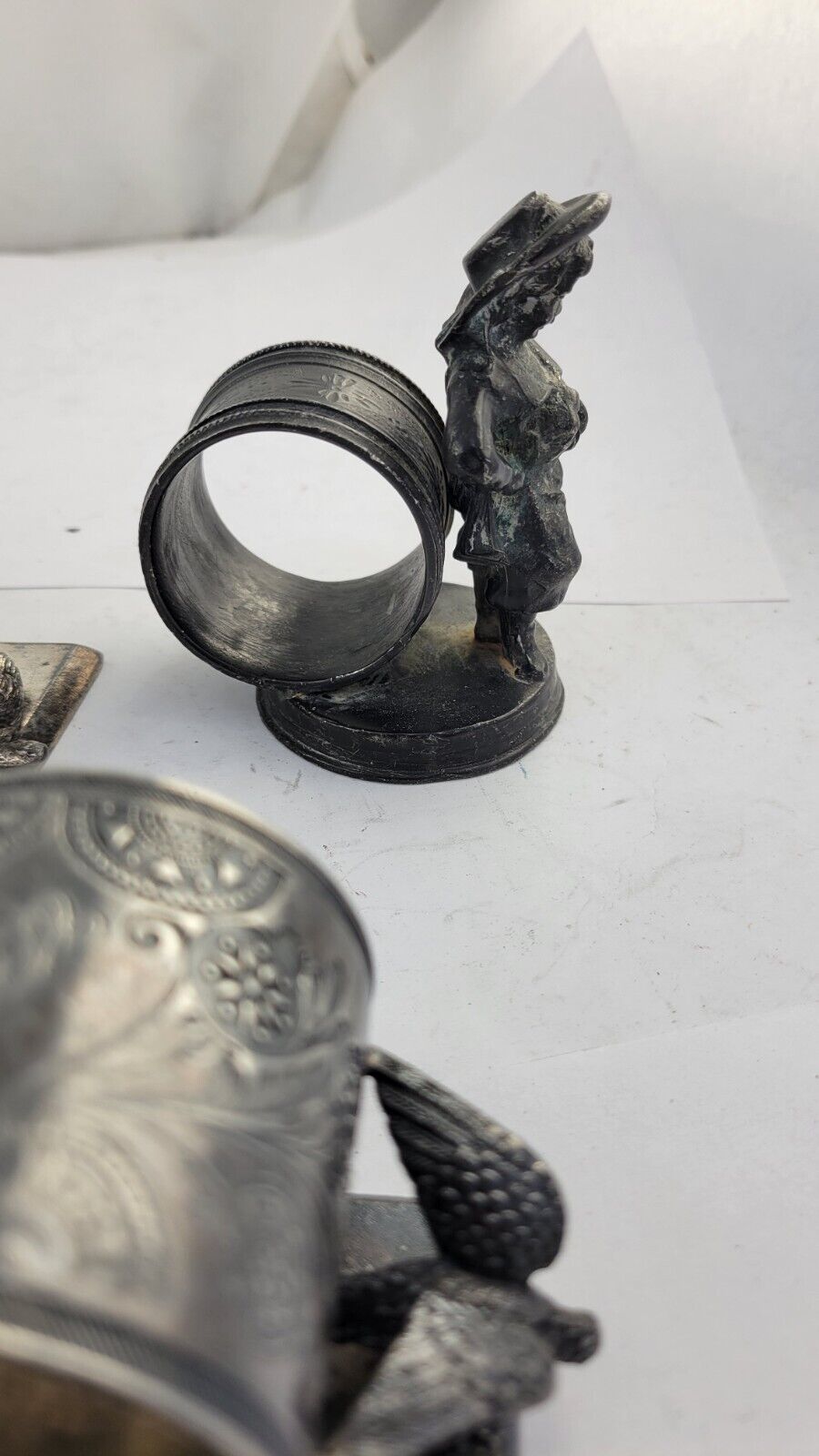 4 Victorian Figural Silver Plate Napkin Ring Holders Eagle. Boy Dog, Girl Child